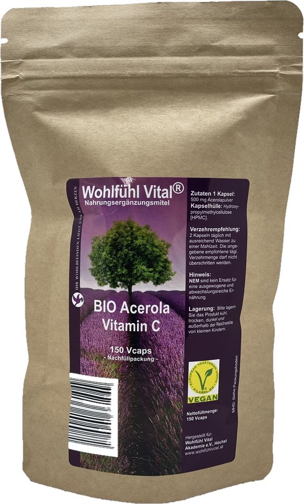 Bio Acerola Vitamin C 500mg, 150 Kapseln, Nachfüllpack, von Wohlfühl Vital