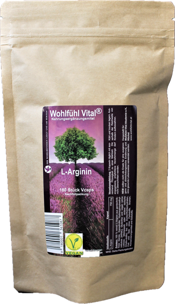 L-Arginin 750 mg, Nachfüllpackung, 180 Kapseln, von Wohlfühl Vital